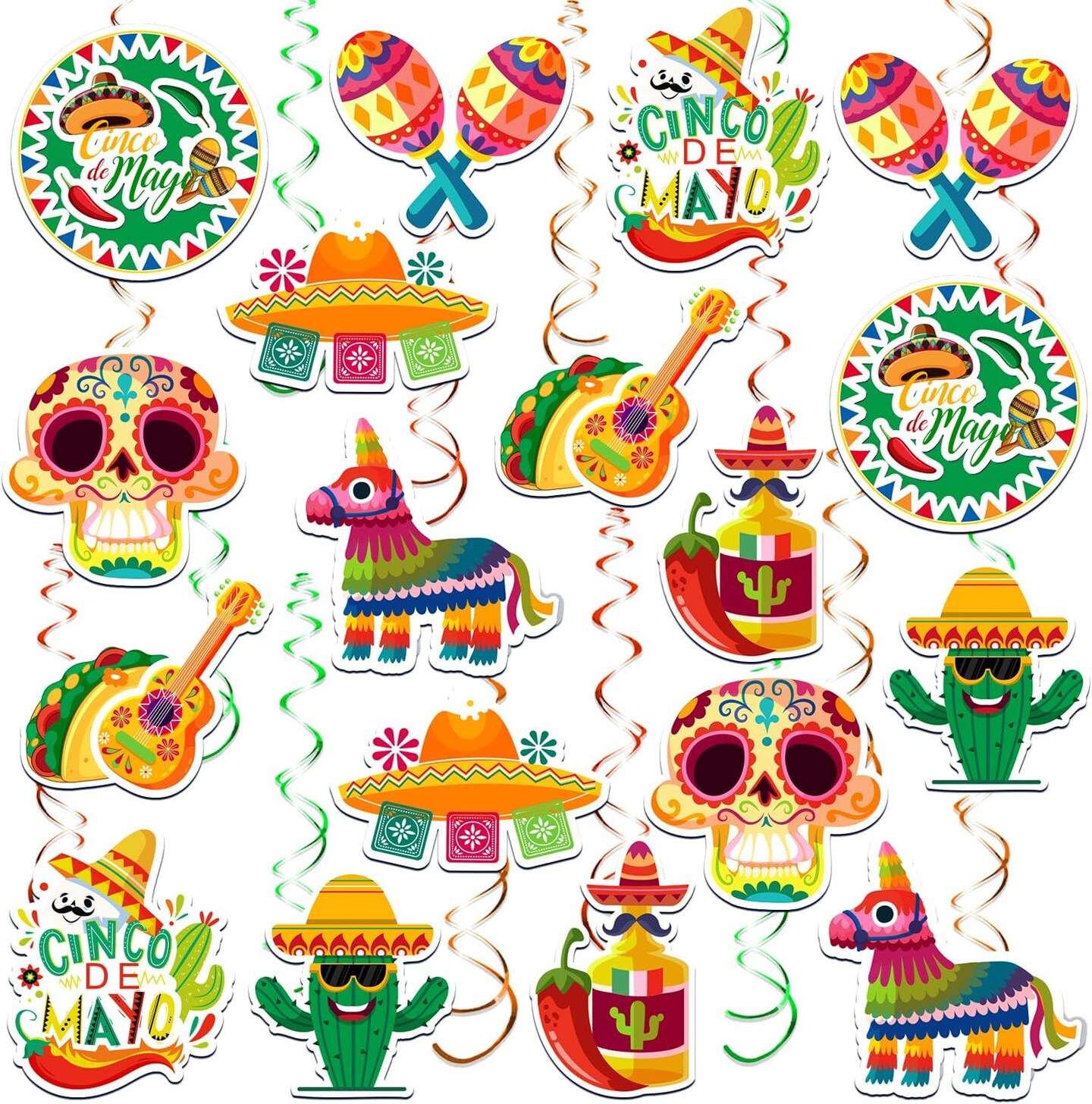 36PCS Cinco De Mayo Hanging Swirl Decorations – Mexican Fiesta Party Swirls with Double-Sided Cutouts in Vibrant Colors for Party Ceiling & Room Decor