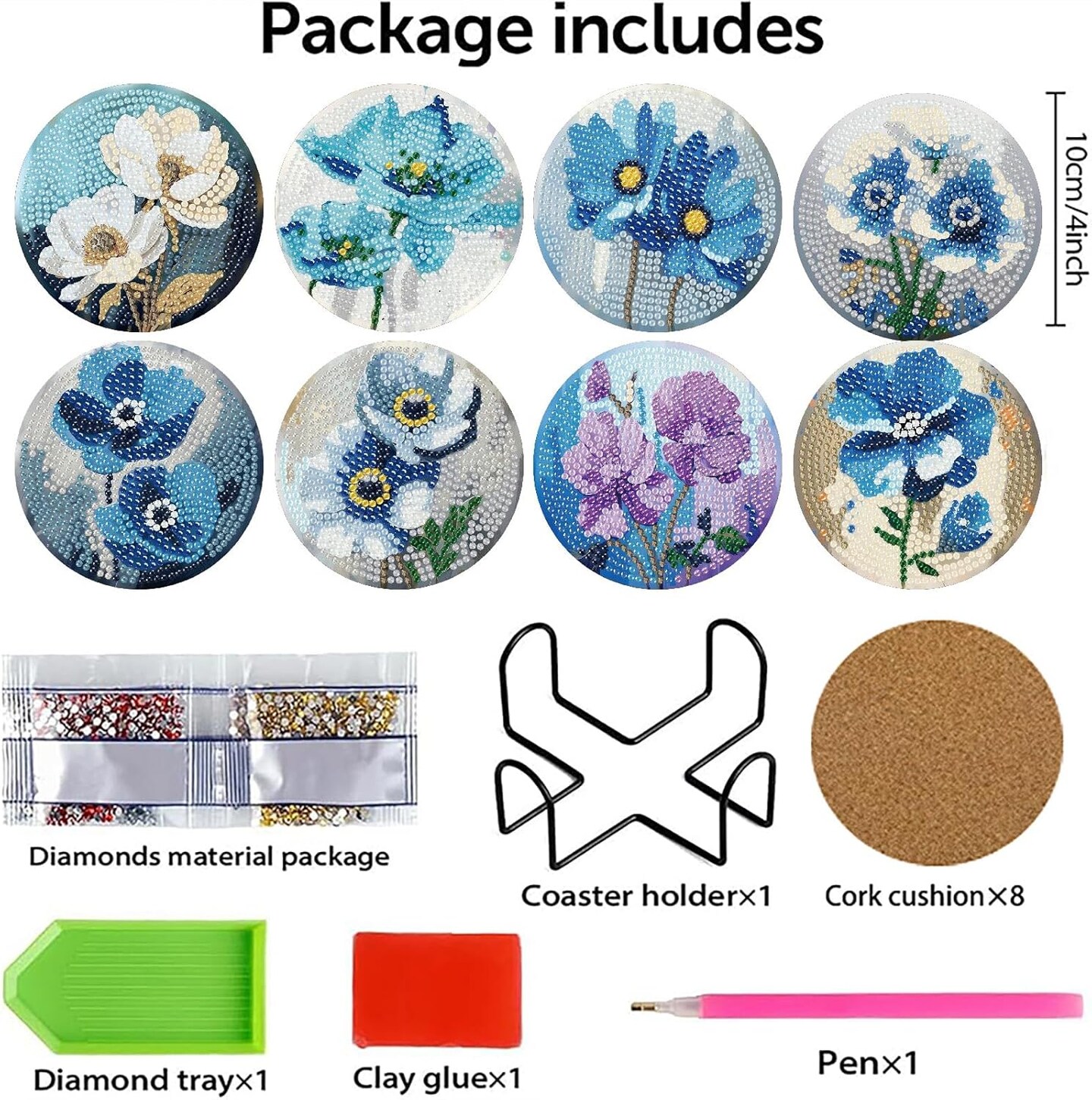 8-Piece Floral Diamond Painting Coaster Set with Holder – DIY Diamond Art Kit for Adults & Beginners, Small Decorative Flower Coasters, Craft Kit for Women