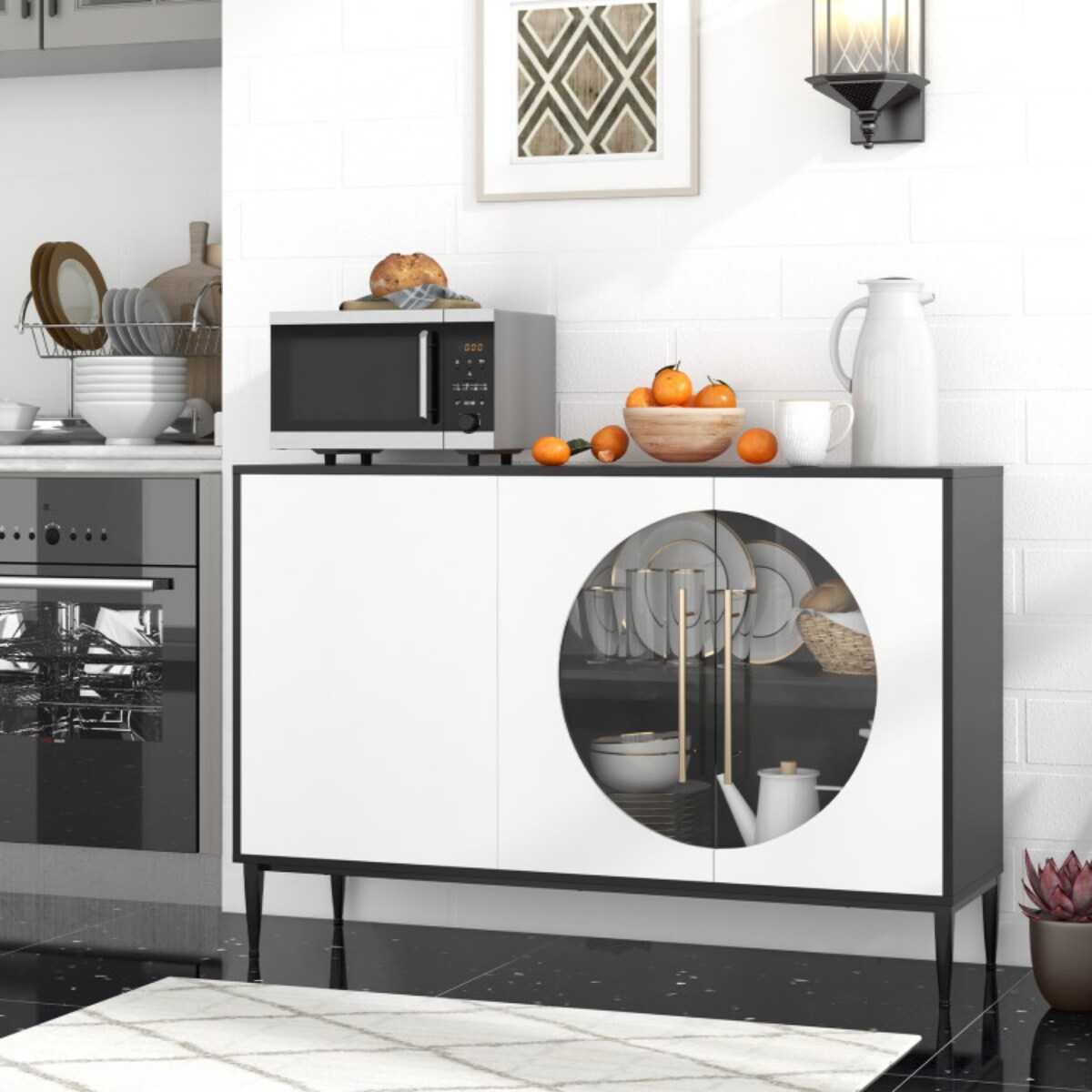 White Black Storage Sideboard Cabinet with Glass Doors Large Capacity Console Table