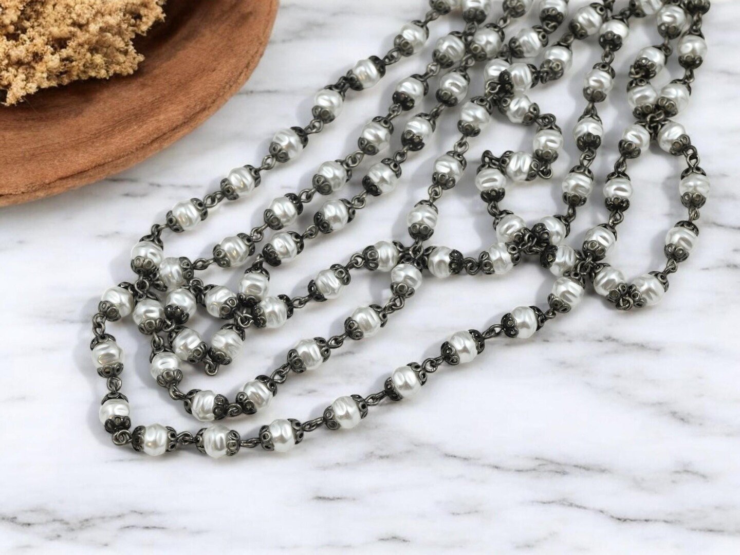 Czech Glass White Baroque Pearl Chain w/ Antique Silver Caps - 6mm or 8mm