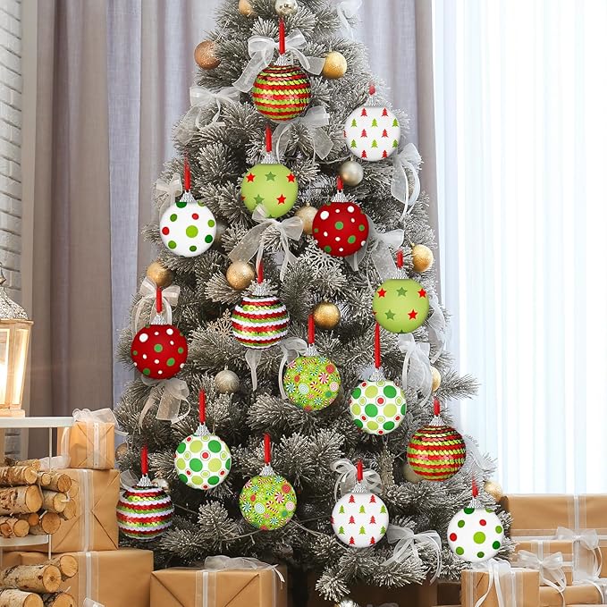 16 Pcs Christmas Ball Ornaments - 2 Inch Shatterproof Red & Green Glitter Baubles - Candy Elf Themed Hanging Xmas Balls with Sequins - Holiday Party Decor for Indoor Trees