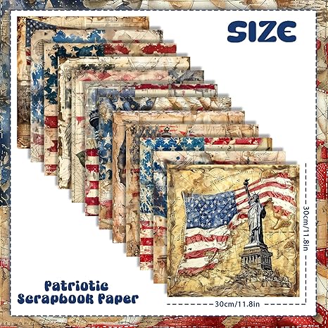 24 Sheets Retro Patriotic Scrapbook Paper, 11.8x11.8'' Red Blue Stars Stripes Patterns Decorative Craft Paper Folded Flat for 4th of July Card Making Veteran's Day Photo Album Decor (D)