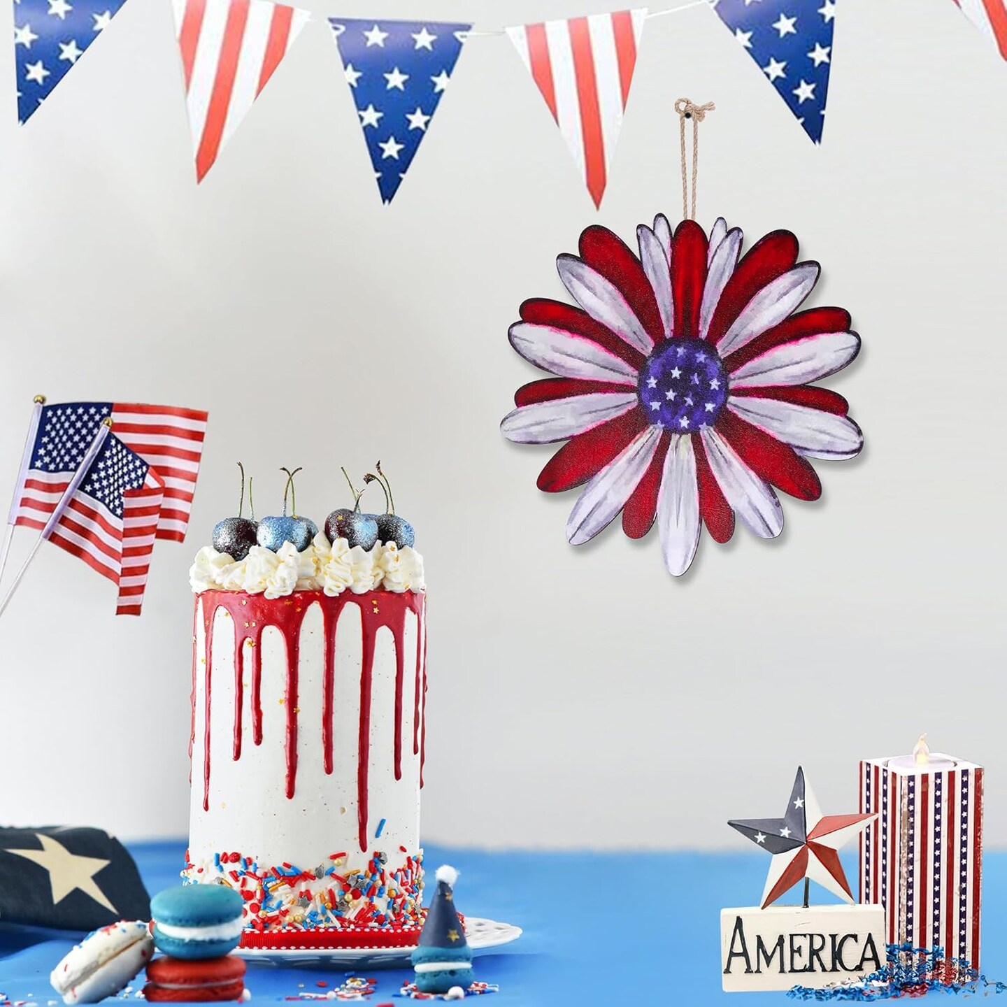 Patriotic 4th of July Front Door Sign – Double-Sided Wooden Independence Day Wreath, Hanging Plaque for Porch, Wall, or Window, Memorial Day & July 4th Decoration