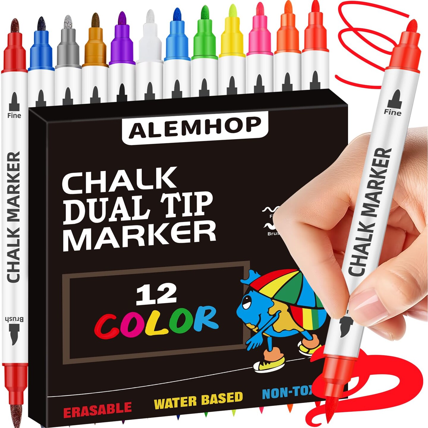 Liquid Chalk Markers 12 Colors - Brush + Fine Tips - Chalk Markers for Blackboard LED Note Board Acrylic Fridge Calendar Board Dry Erase Board - Window Markers for Glass Washable