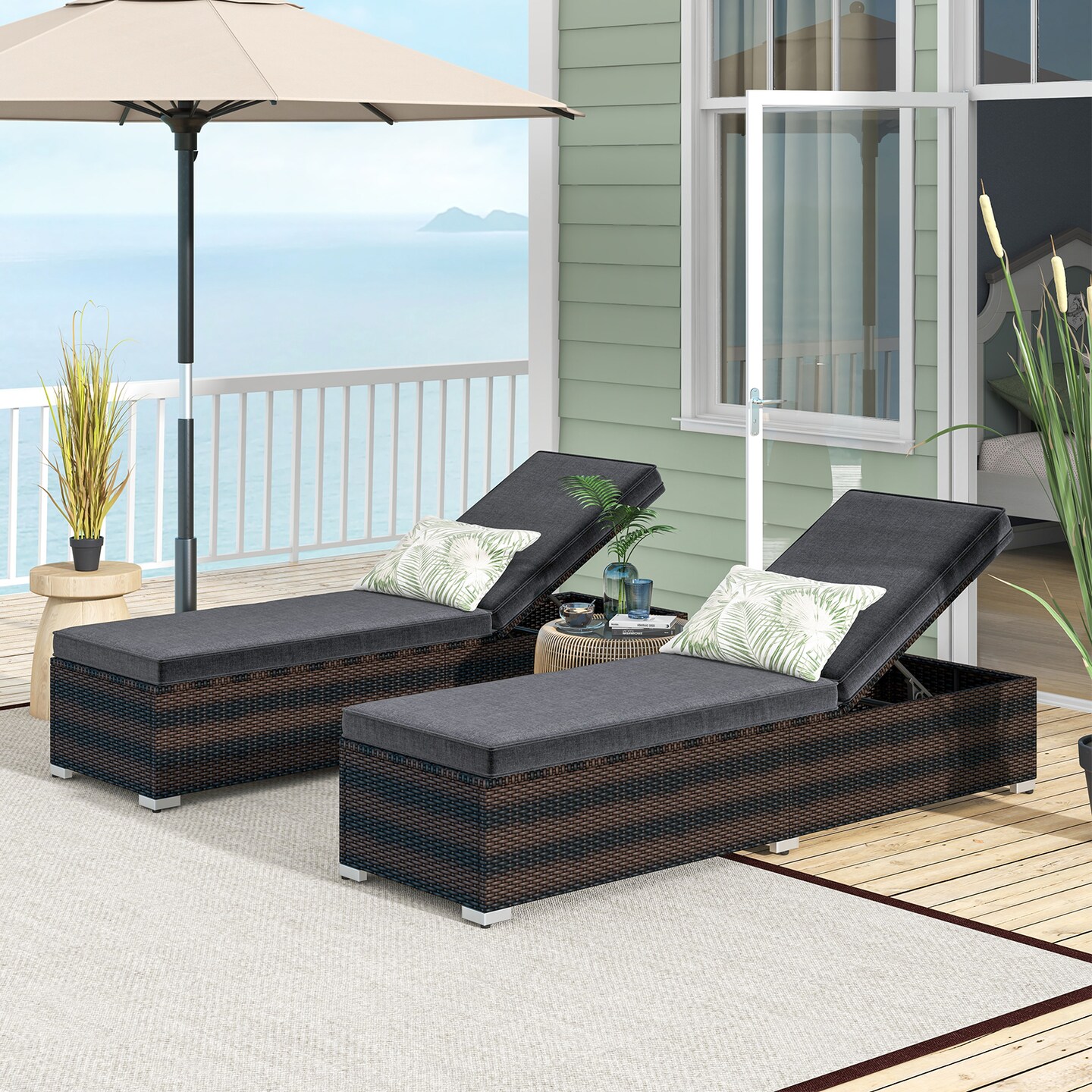 Adjustable Outdoor Lounge Chair Rattan Chaise with Thick Cushion Patio Deck Chair