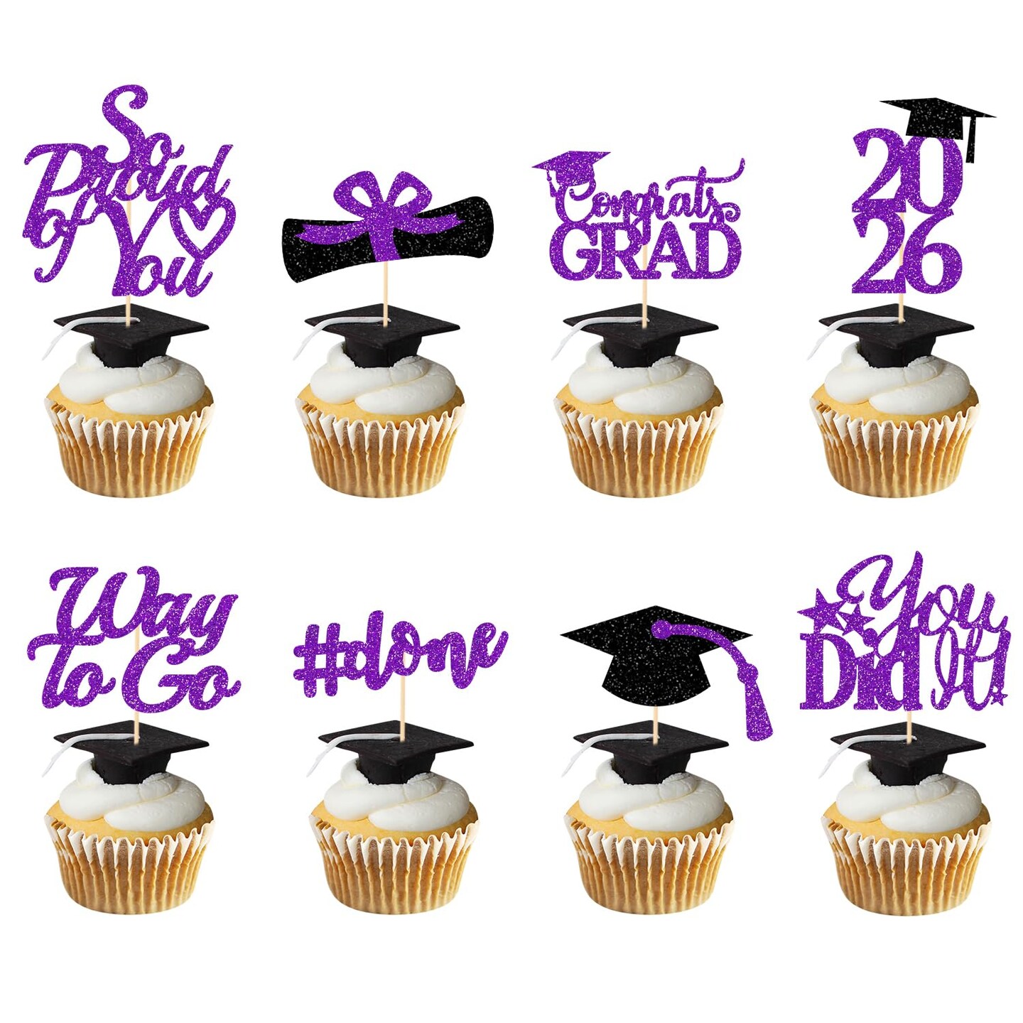 Graduation Decorations 2026 Purple, Graduation Cupcake Toppers 2026 Purple Black, Glitter Class of 2026 Cupcake Toppers Supplies, Class of 2026 Congrats Grad Cap Diploma Cupcake Picks - 40Pcs