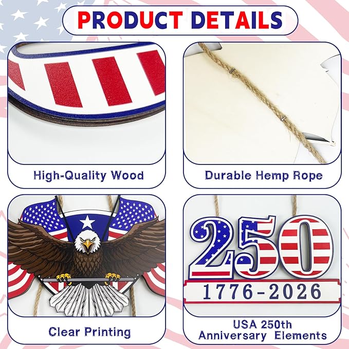 250th Anniversary America Wooden Door Sign - 1776-2026 Commemorative Eagle Hanging Decor - 12" Rustic Red, White, and Blue Patriotic Wall Art for 4th of July and Memorial Day