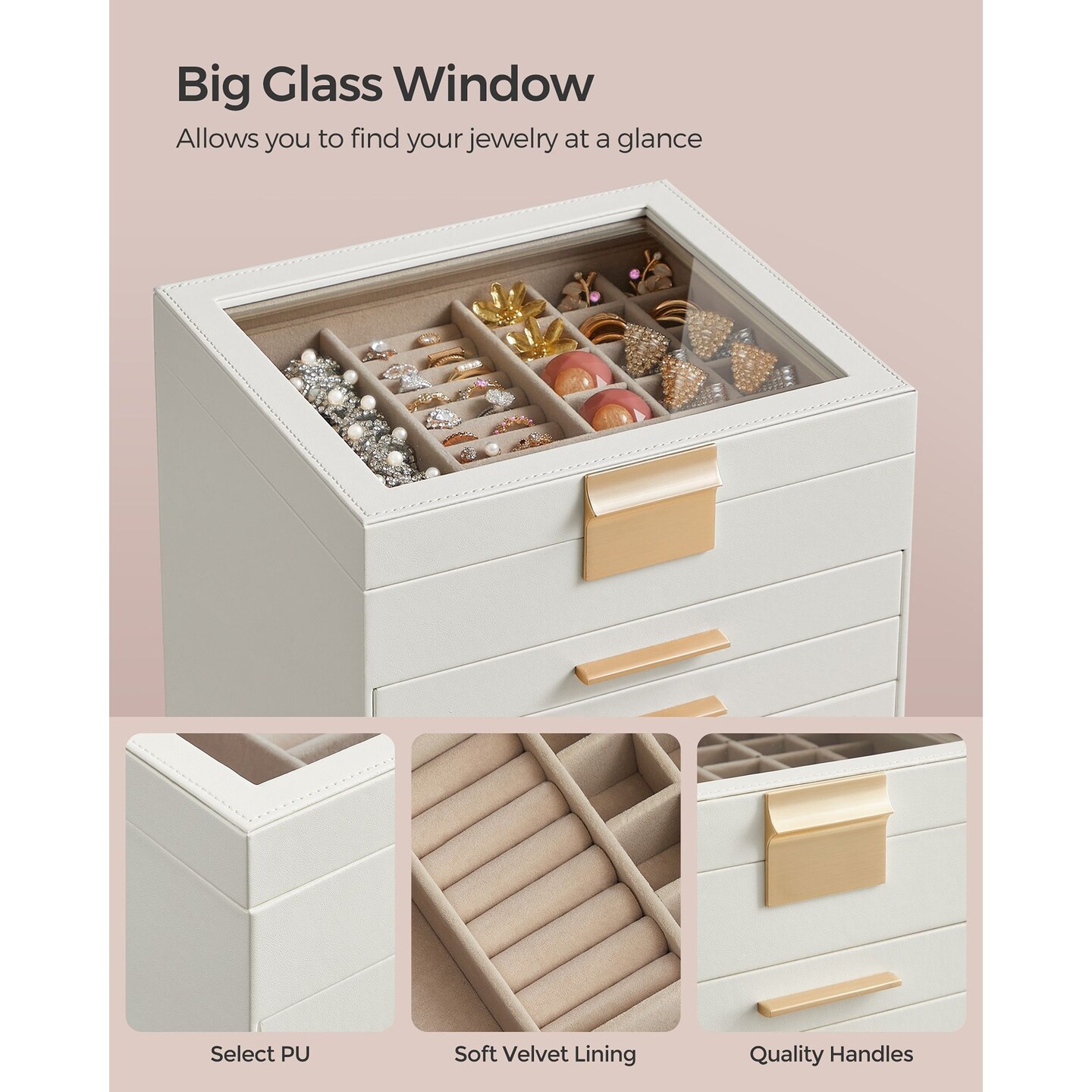 Compact Vertical Jewelry Storage Box for Rings, Necklaces, Bracelets, Earrings & Accessories Organizer with Multi-Layer Space-Saving Design