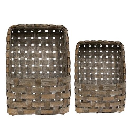 Set of 2 Aged Tobacco Wall Pocket Baskets Rustic Wood Wall Storage Organizer