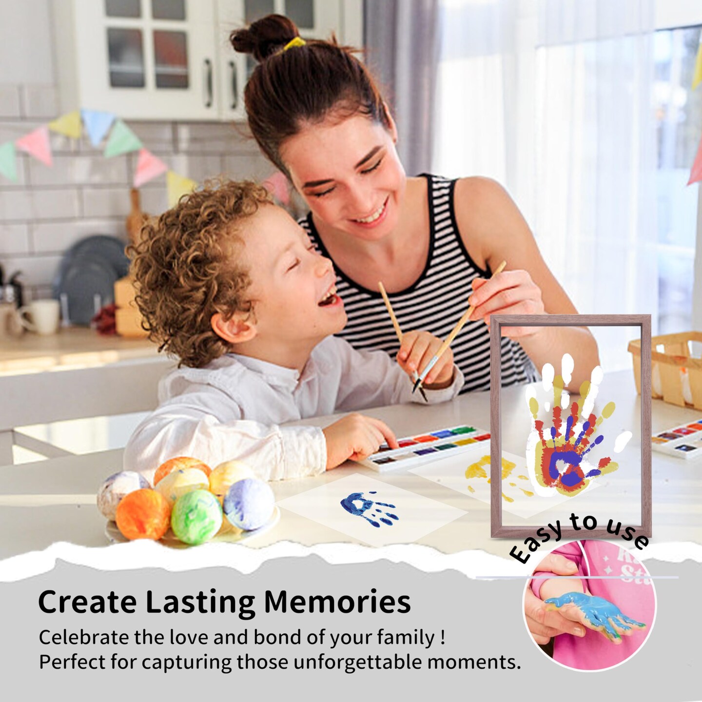 Family Handprint Kit, DIY Craft Keepsake Wooden Frame, Endless Gift Set, Non-Toxic Paints, Transparent Sheets (Brown)