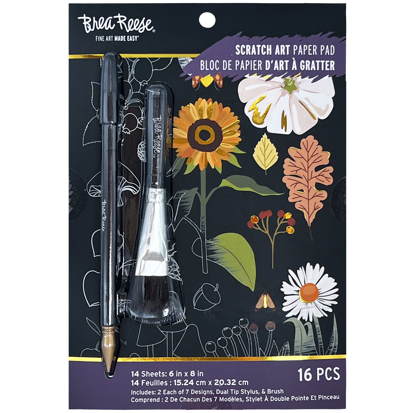 Brea Reese: Scratch Art Paper Pad - Fall Foraging - 14 Sheets, 7 Guided Art Designs, Metallic Accents, Stylus & Brush, 6x8" Pages, DIY Adult Craft Kit