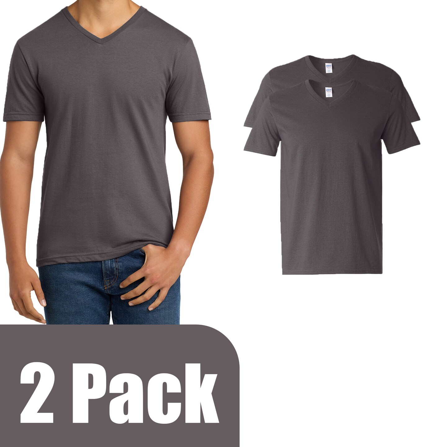 Gildan Men's Softstyle V-Neck T-Shirt, Short Sleeve Craft Bundle for DIY Printing, Charcoal 2-14 Pack