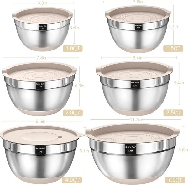 26 PCS Stainless Steel Mixing Bowls Set with Airtight Lids Grater Attachments Non Slip Base Kitchen Prep Set Khaki