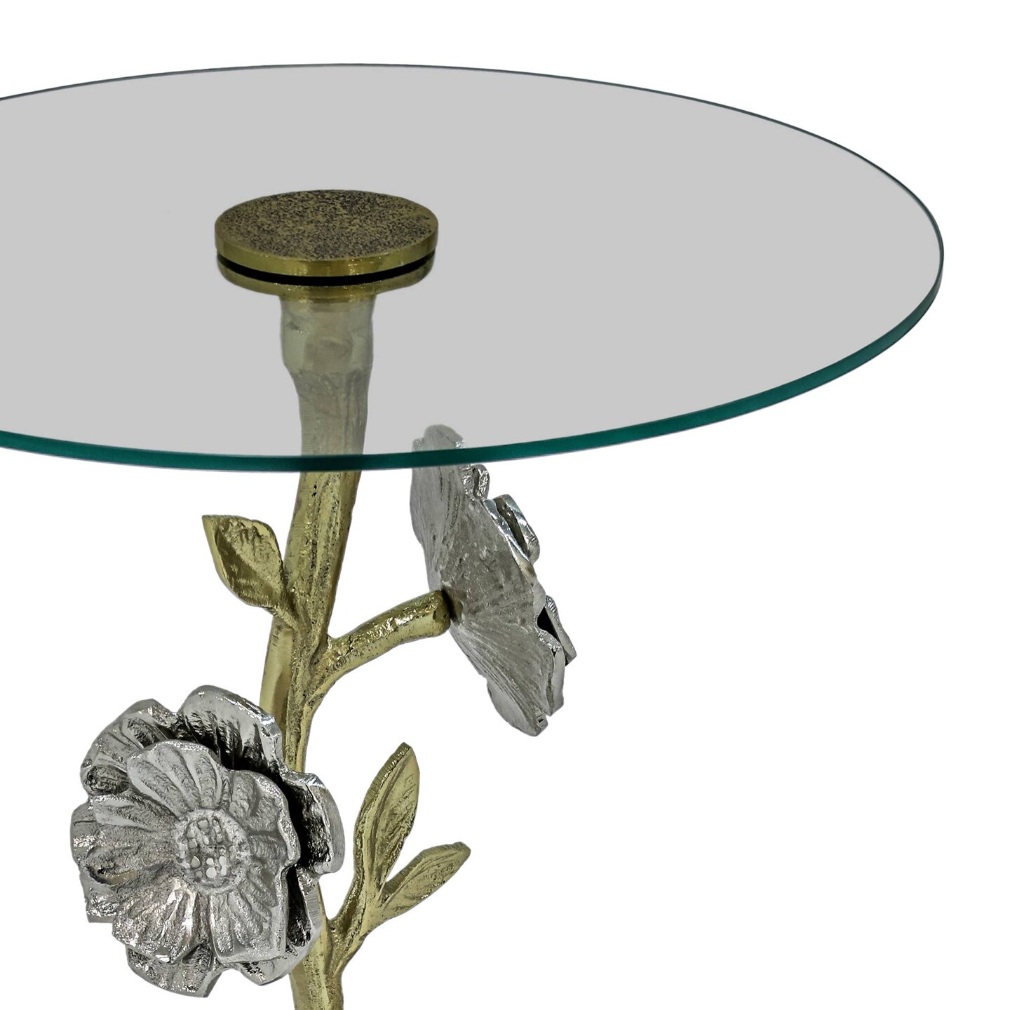 Flower Side Table with Glass Top | Decorative Sculptural End Table | Aluminum Base | Accent Table for Living Room | 16x16x23.75"