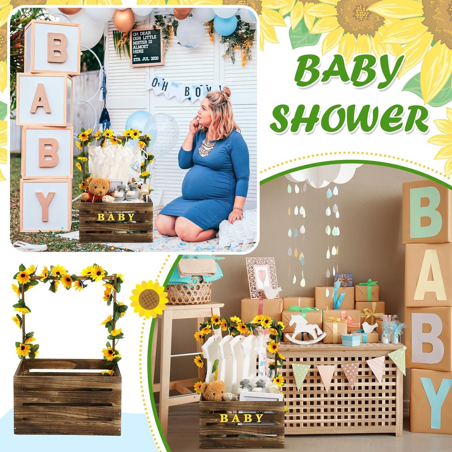 Wooden Baby Shower Crate Closet, Sunflower Theme Baby Basket with Handle and Garland Letter, Baby Storage Crate Hamper, Personailze Baby Shower Wooden Gift Crate for Pregnancy New Parent