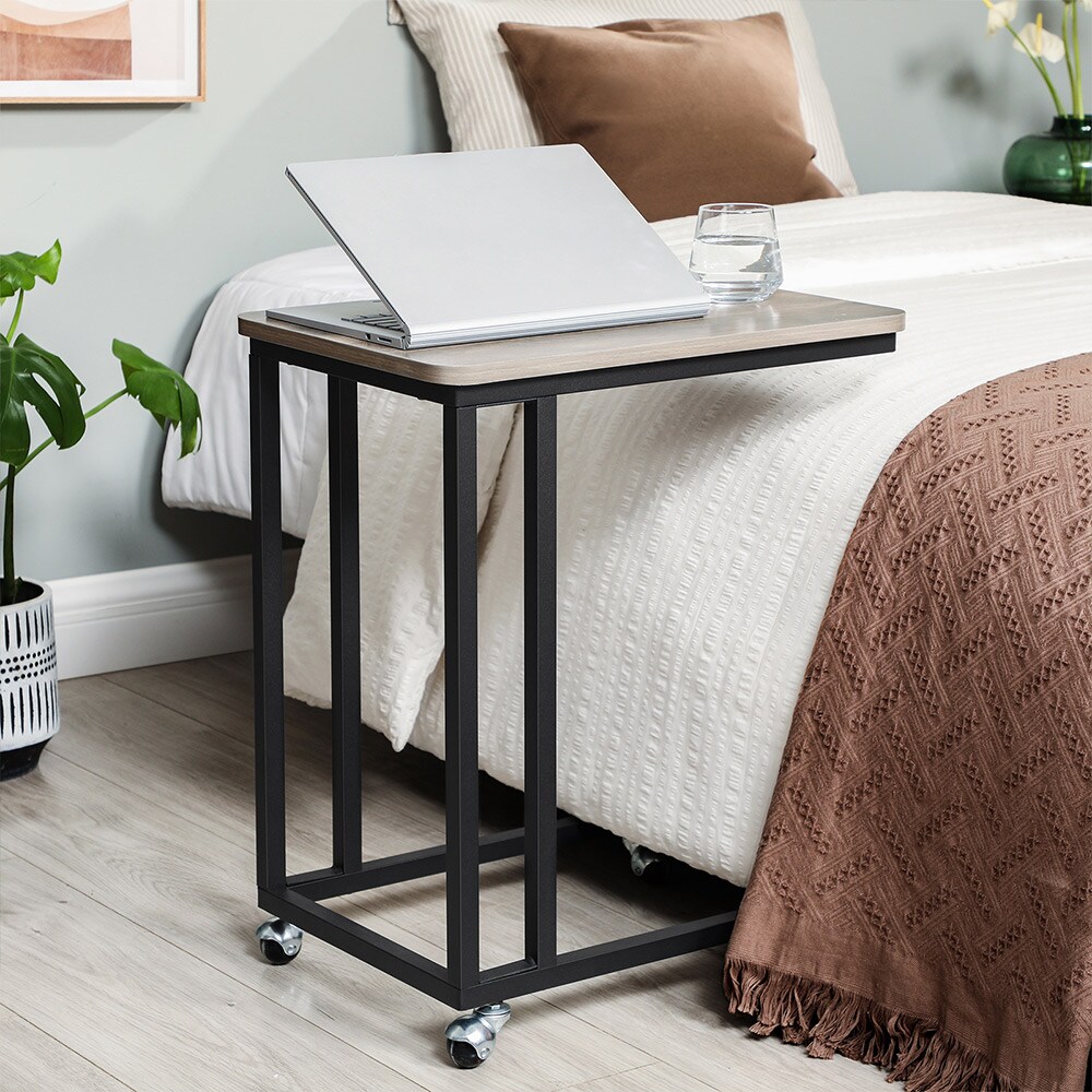 Greige Black C Shaped Side Table Sofa End Table With Wheels Steel Frame Particleboard Laptop Snack Table