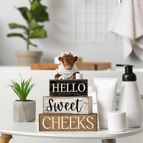 4 Pcs Highland Cow Bathroom Decor Farmhouse Bathroom Decor and Accessories Highland Cow Table Centerpiece Western Hello Sweet Cheeks Decoration for Home Office