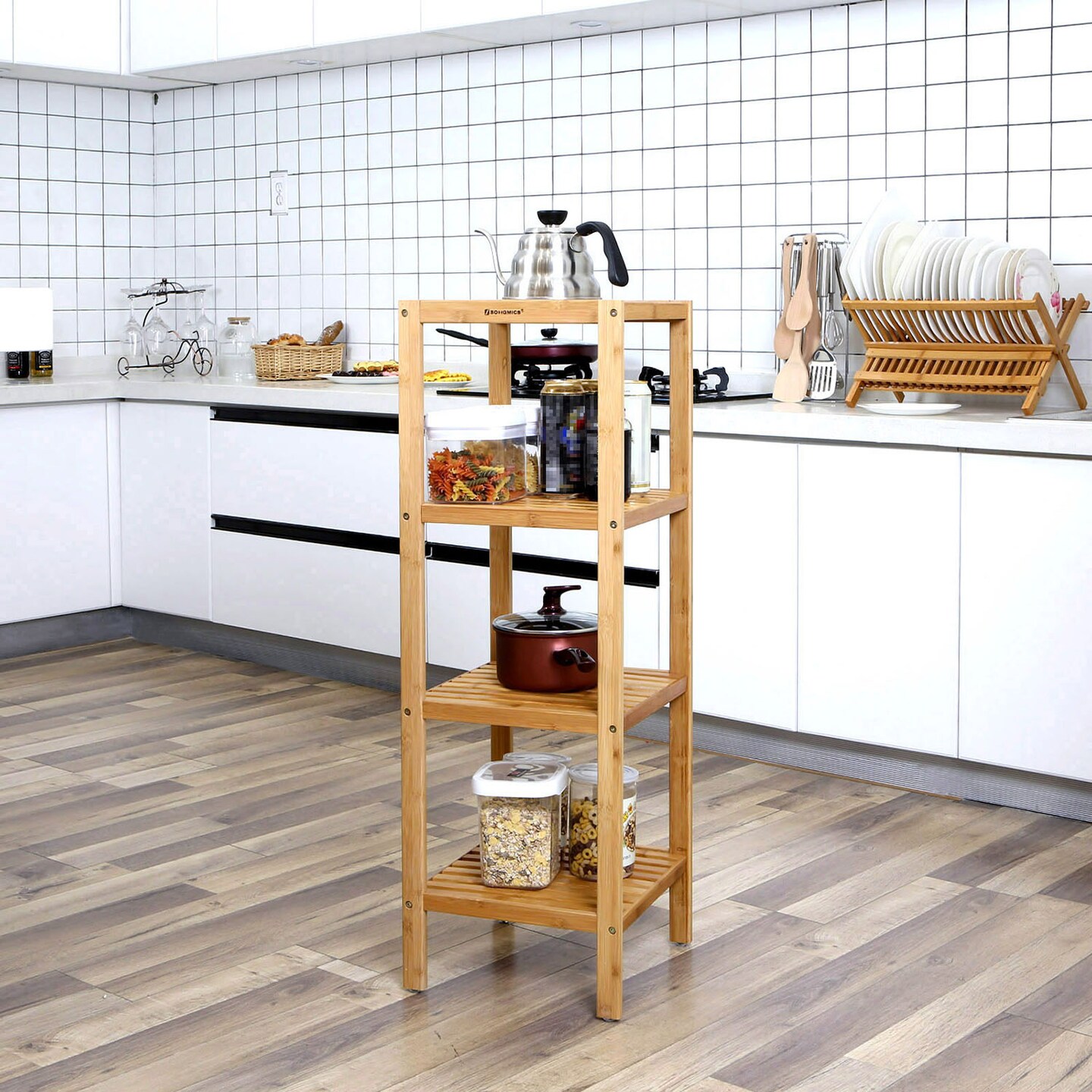 4 Tier Wicker Storage Rack Wall Mounted or Freestanding Bathroom Organizer Shelf Adjustable Bathroom Shelf for Towels Toiletries Kitchen Storage Unit
