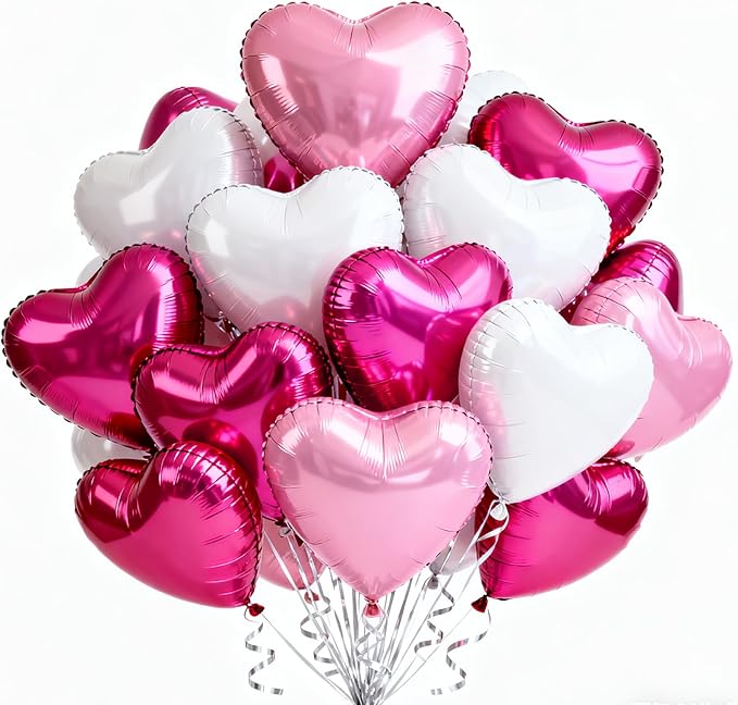 30Pcs 18 Inch Pink White Heart Balloons Hot Pink Heart Shape Foil Mylar Balloons Decoration for Birthday Valentine's Day Wedding Bridal Shower Anniversary Engagement Party Supplies