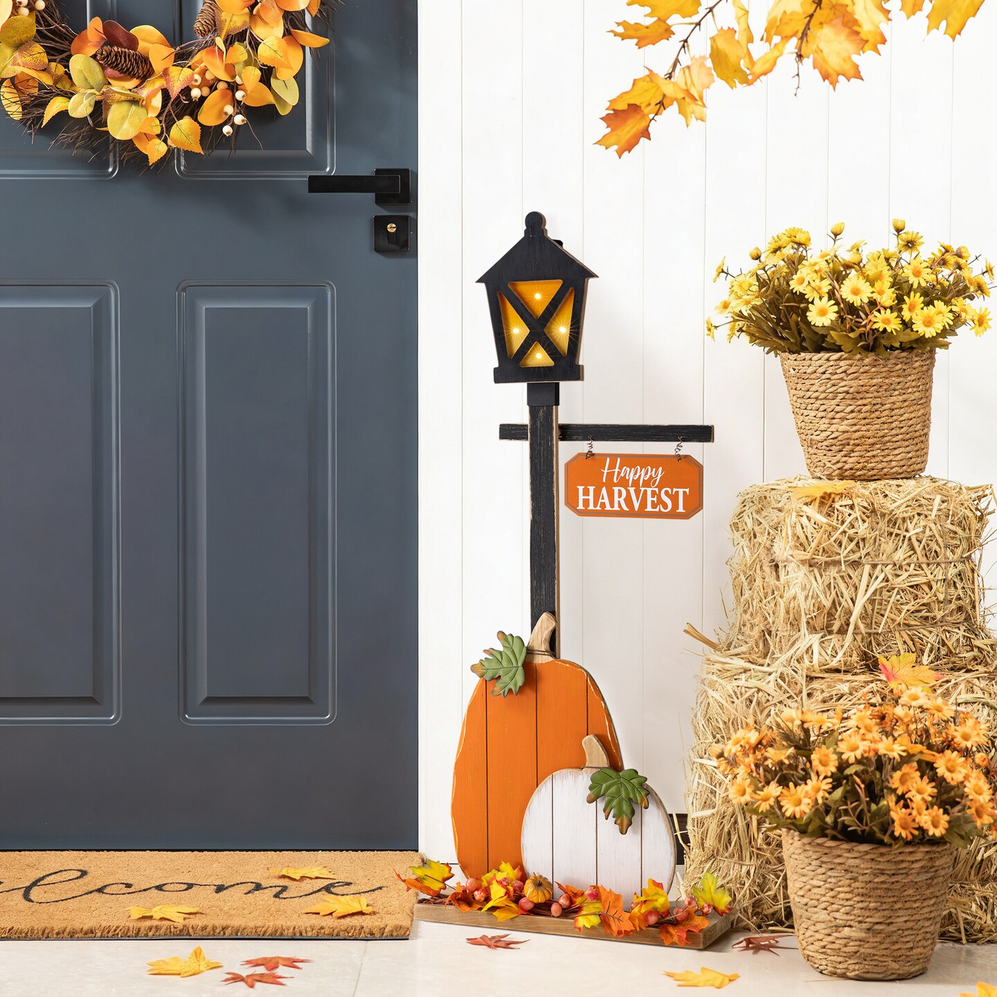 Set of 2 36"H Fall Lighted Wooden Pumpkin Lamp Post Porch Decor w/Timer(KD)