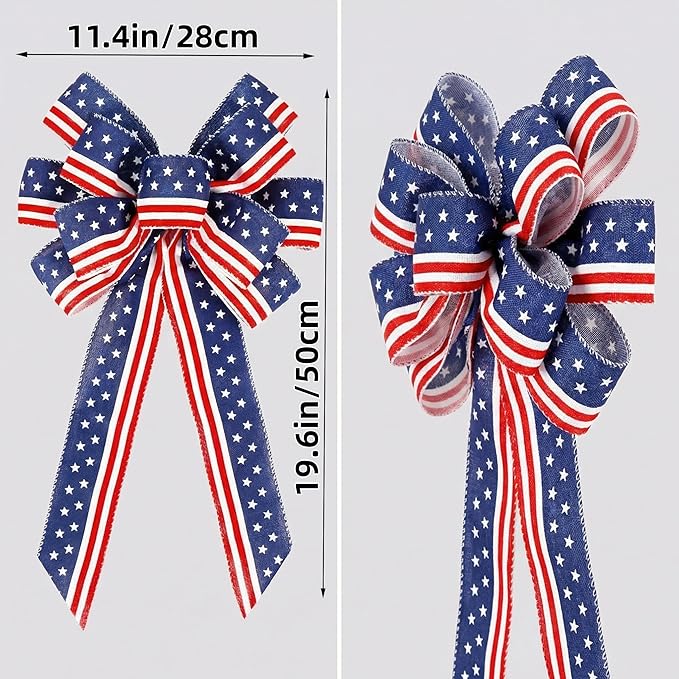 4th of July Patriotic Wreath Bow, Large Red White Blue Stars & Stripes Ribbon for Front Door, Memorial Day, Veterans Day & 250th Anniversary Outdoor Decorations