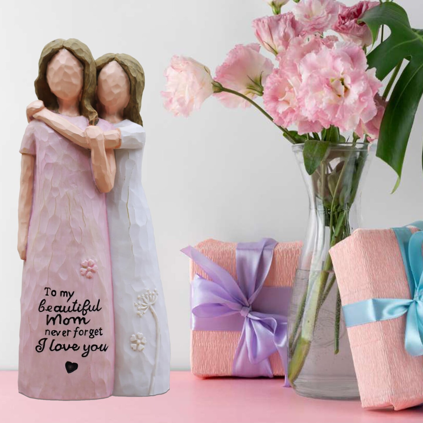 Mother Daughter Gift, Birthday Gifts for Mom from Daughter, Sculpted Hand-Painted Figurine (Pink)