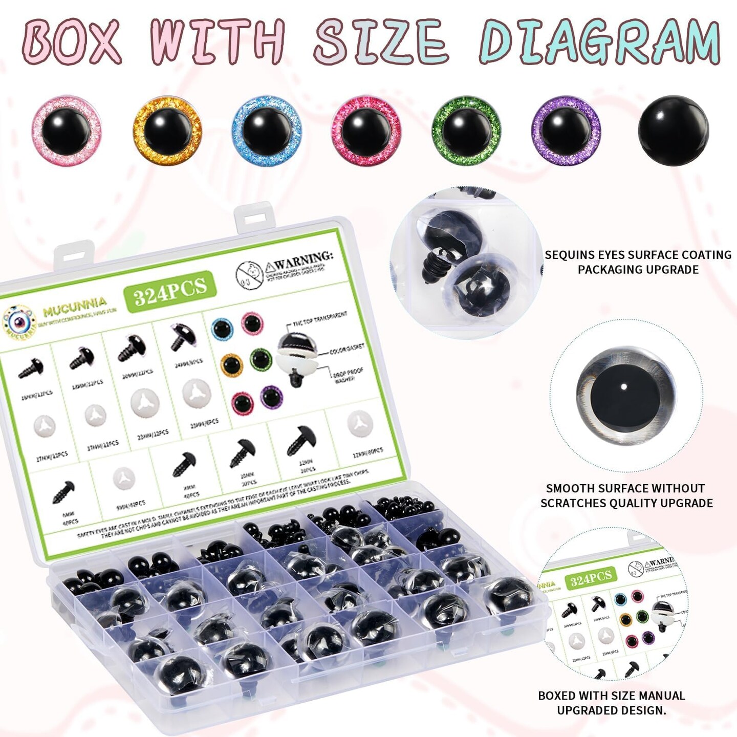 Upgraded Glitter Safety Eyes 324 Pcs 6-24mm Safety Eyes for Crocheting with Washers and Size Tools Large Crochet Safety Eyes for Amigurumi Gift for Crochet Lovers Halloween Decorations