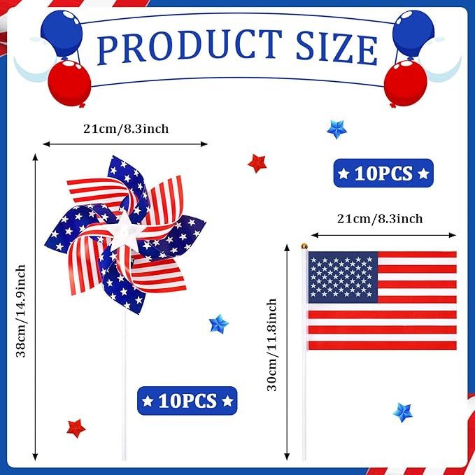 4th of July Decorations, 10 Pcs American Flag and 10 Pcs Patriotic Pinwheels Red White and Blue Independence Day Decoration for Parade Garden Lawn Party Supplies