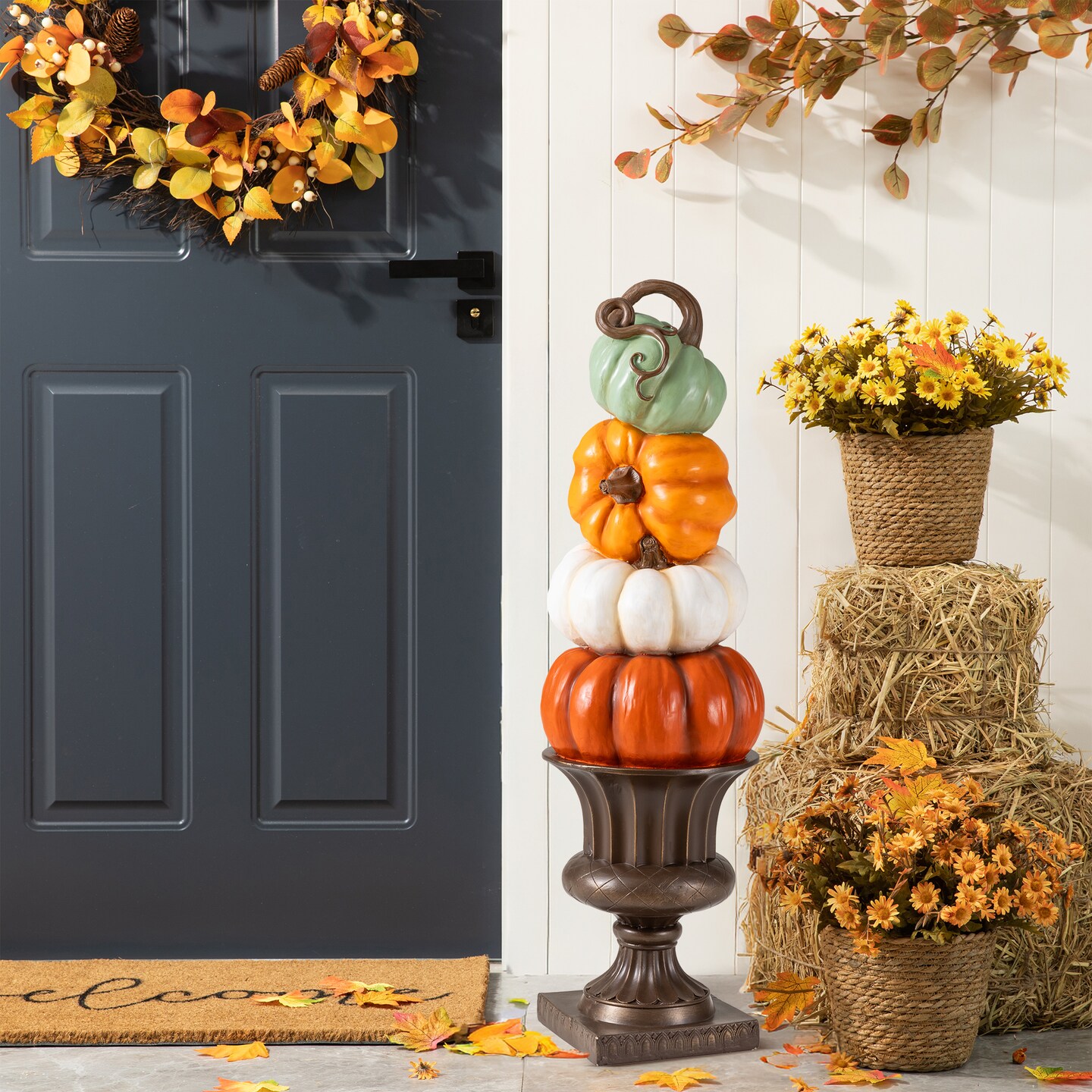 Set of 2 30.7"H Fall MGO Stacked Pumpkin with Brown Urn Porch Decor