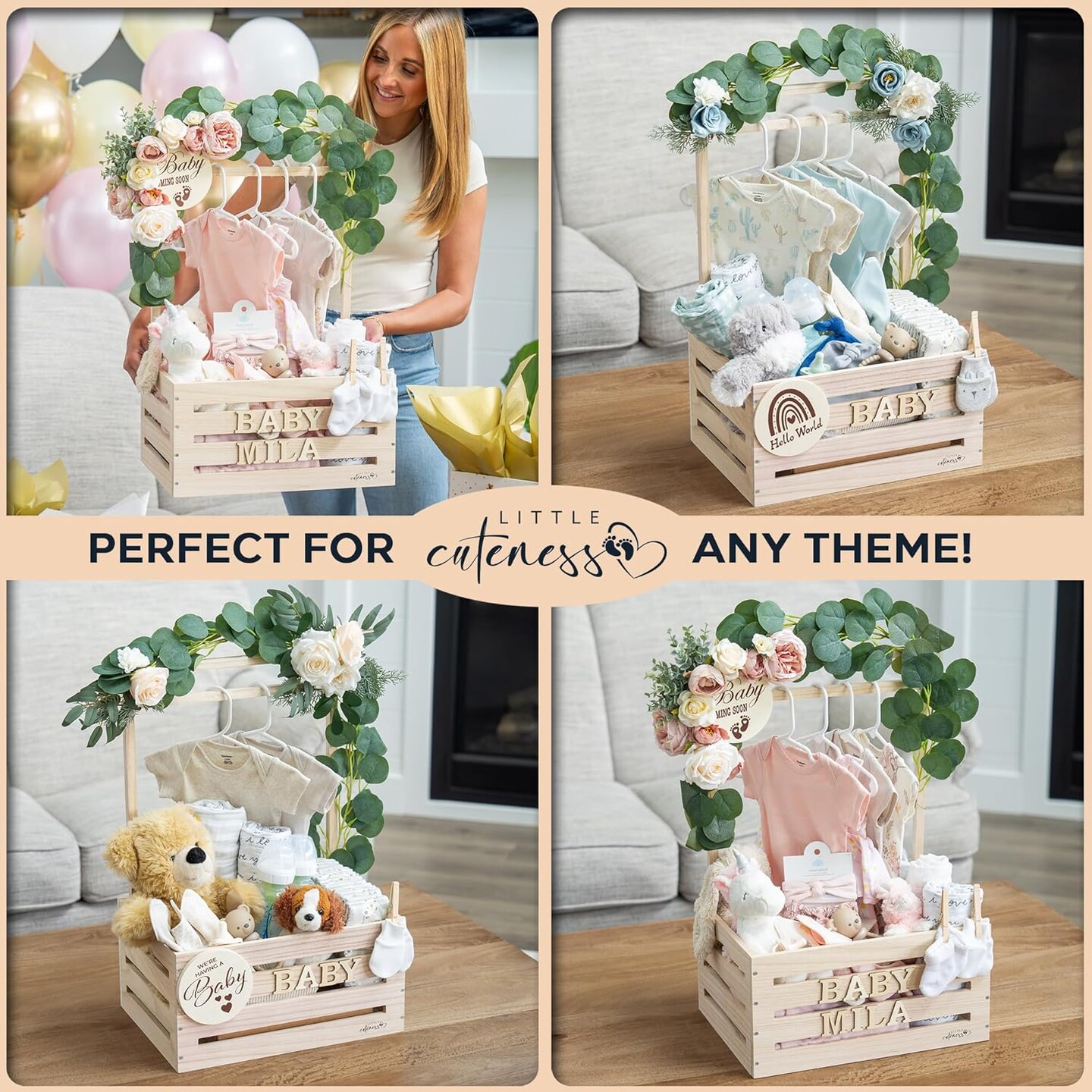 Wooden Baby Shower Crate Closet - Customizable Wooden Crate Box with Dual Rod System, Personalized Baby Shower Basket Alphabet Letters, Easy Assembly Baby Baskets for Baby Shower