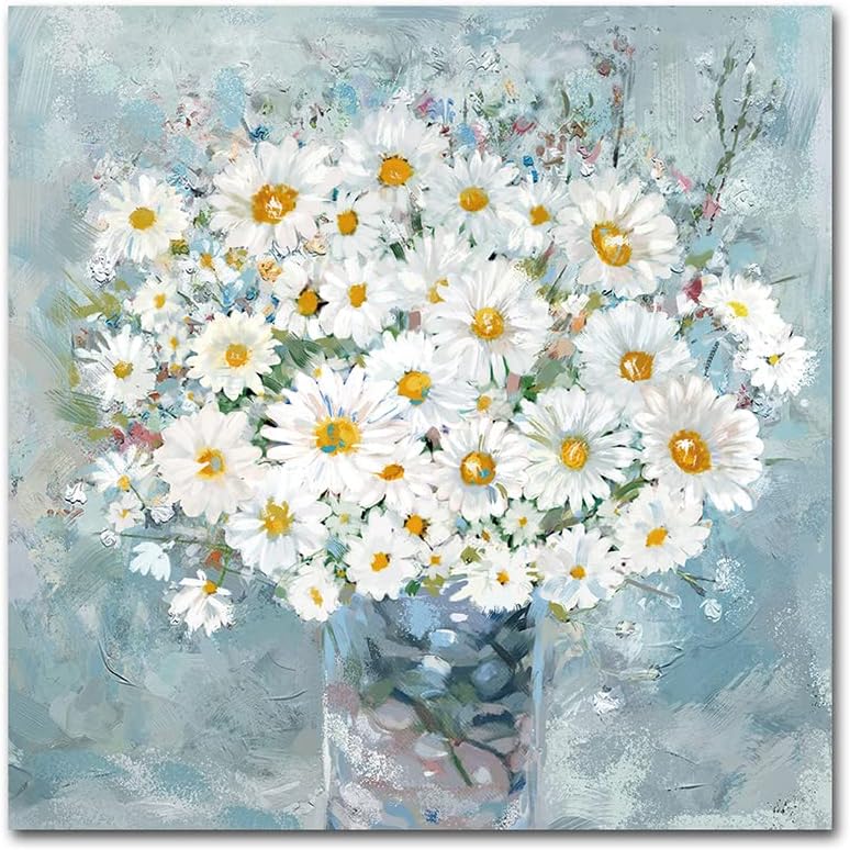Flowers Bathroom Wall Decor Floral Canvas Wall Art White Daisy in Vase Light Blue Background Modern Gallery Prints Pictures Ready to Hang 12 x 12 Inch