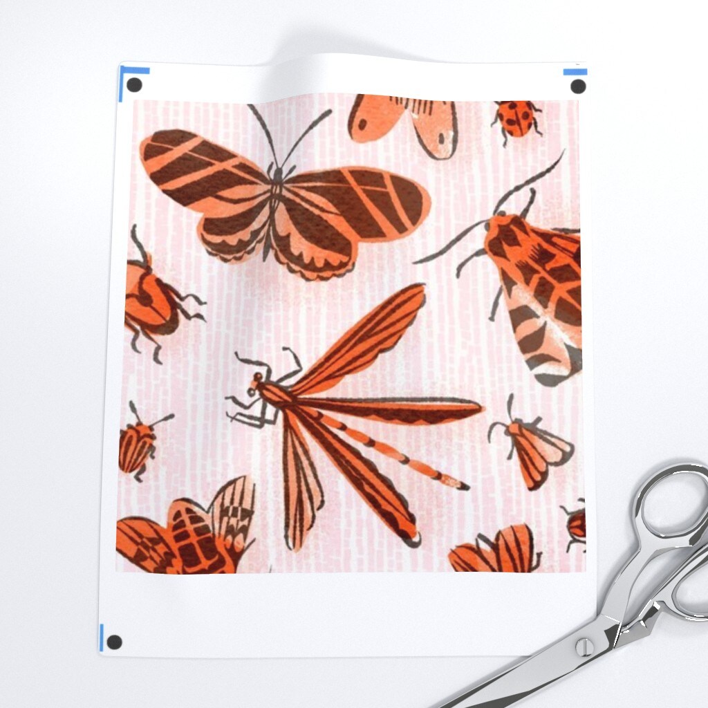 Orange Bugs Retro Vintage Large Scale Fifties Style On Pink Butterfly Beetle Custom Printed Fabric by Spoonflower Various Fabrics by the Yard or Fat Quarter