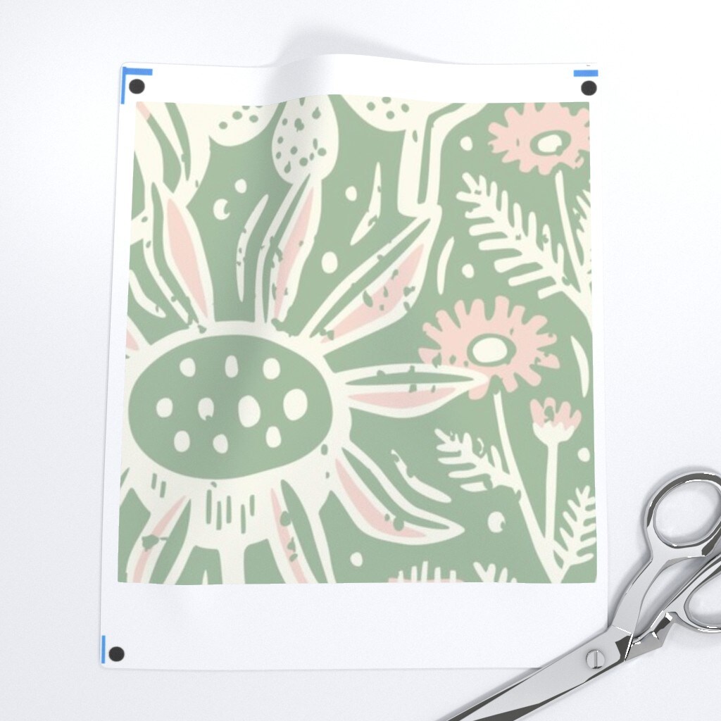 Green Floral Pink Botanical Summer Scandinavian Block Print Farmhouse Cottagecore Wildflowers Custom Printed Fabric by Spoonflower Various Fabrics by the Yard or Fat Quarter