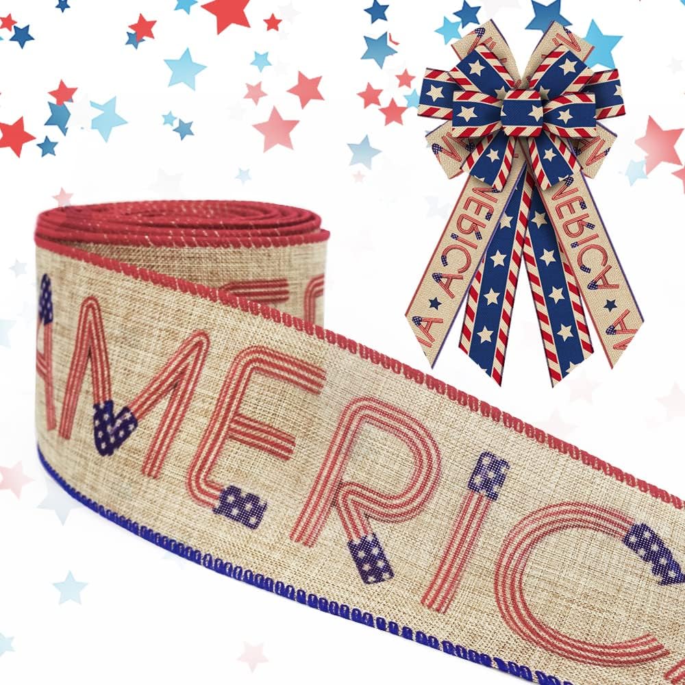 Patriotic Wired Edge Ribbon 2.5" x 10 Yards – Red, White & Blue Star Linen Burlap Ribbon for 4th of July, Memorial Day, Veterans Day Decorations, Wreaths, Bows, Gift Wrapping & DIY Crafts