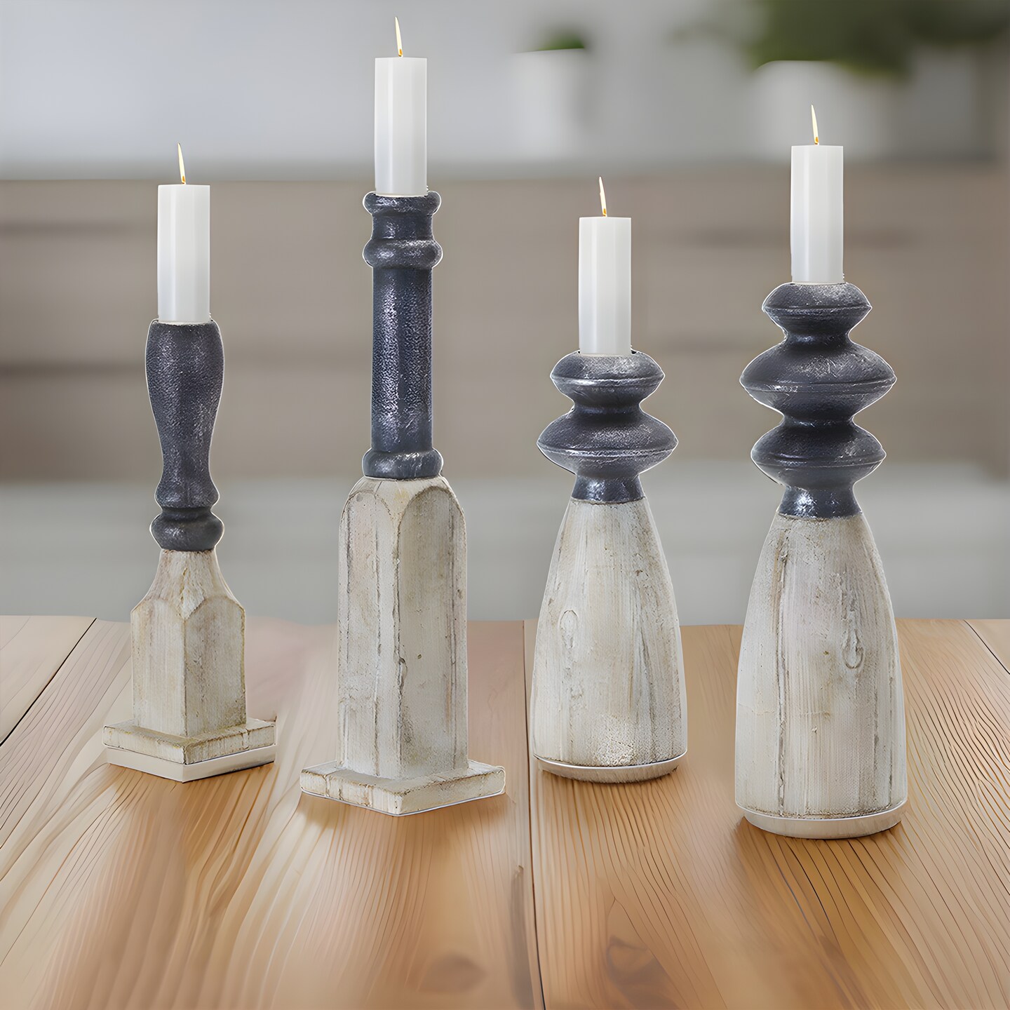 Contemporary Candle Holder Stick Set 4 Brown White Polyresin Stone Powder
