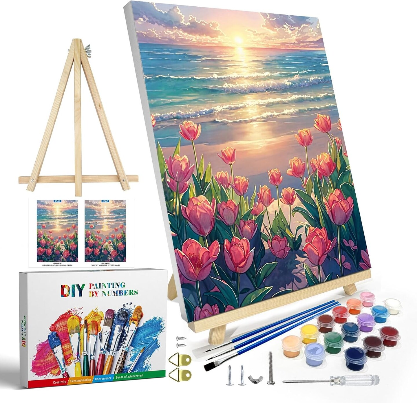 Paint By Number Kits for Adults with Frame & Easel – Floral Tulip Seaside Sunset DIY Acrylic Paint by Numbers Kit on Canvas for Beginners, Home Wall Decor Art Set, 8x12 Inch