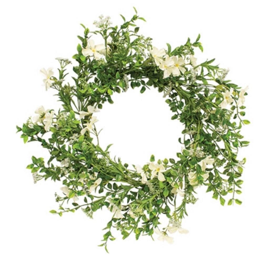 Spring Summer Door Wreath with Cream Flowers and Green Leaves 22 Inch