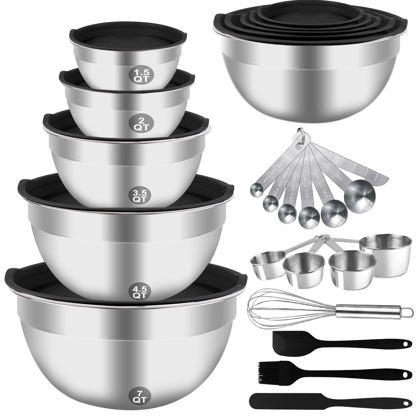 Mixing Bowls Set, 25PCS Stainless Steel Mixing Bowl with Lid Set, Large Nesting Bowls 7, 4.5, 3,2, 1.5QT, Measuring Cups and Spoons Baking Utensils Metal Bowl for Kitchen Prep
