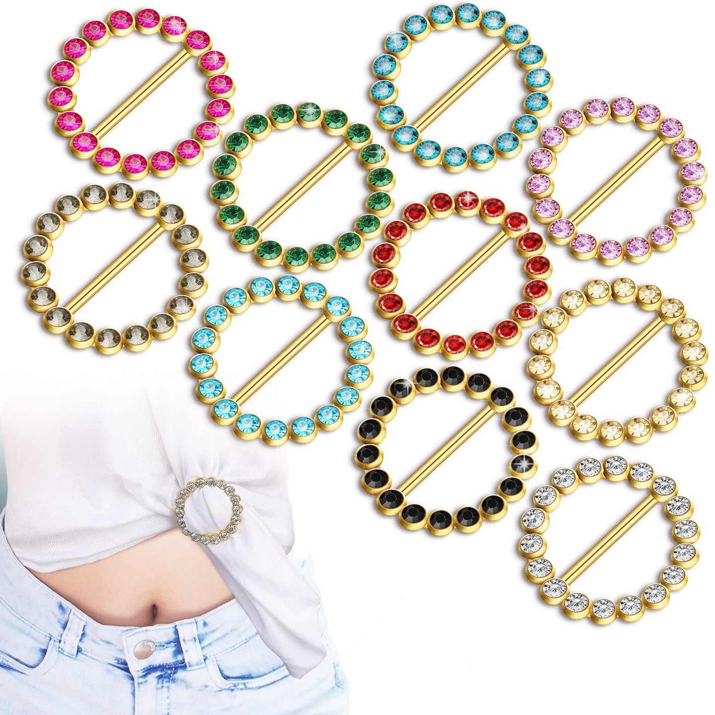 10 Pieces Scarf Ring Clips Waist Buckle Clip T-Shirt Tie Pin for Women Bling Rhinestone Shirt Ties Pin for Women Fashion Metal Circle Buckle for Clothes Hat Belt Decor