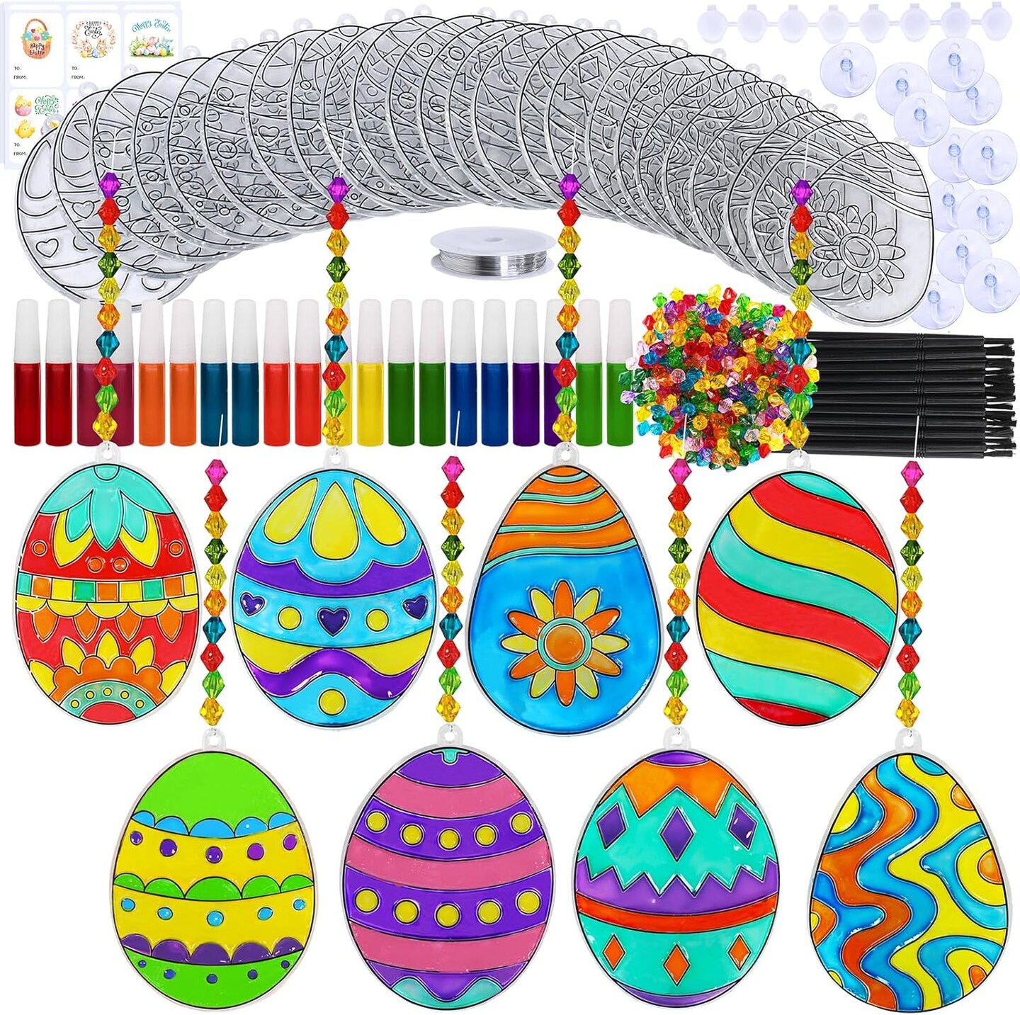 24 Sets Easter Egg Suncatchers Ornaments Decorations DIY Window Paint Art Suncatchers Egg Sun Catchers Painting Craft Kits for Kids Classroom Spring Party Activities