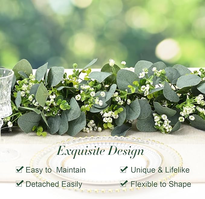 8Pcs Eucalyptus Garland, 5.9FT Greenery Garland, Green Garland with Flowers, Artificial Faux Silver Dollar Eucalyptus Leaves Vines for Table Home Wedding Mantle Party Indoor Outdoor Decor