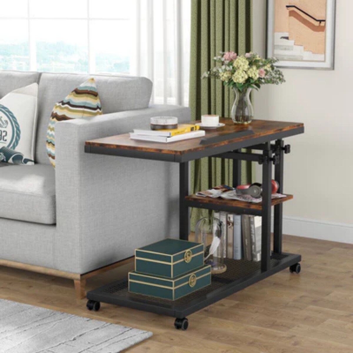 Adjustable Height C Shaped Rolling Table Tilting Top Laptop Snack Side Table with Wheels