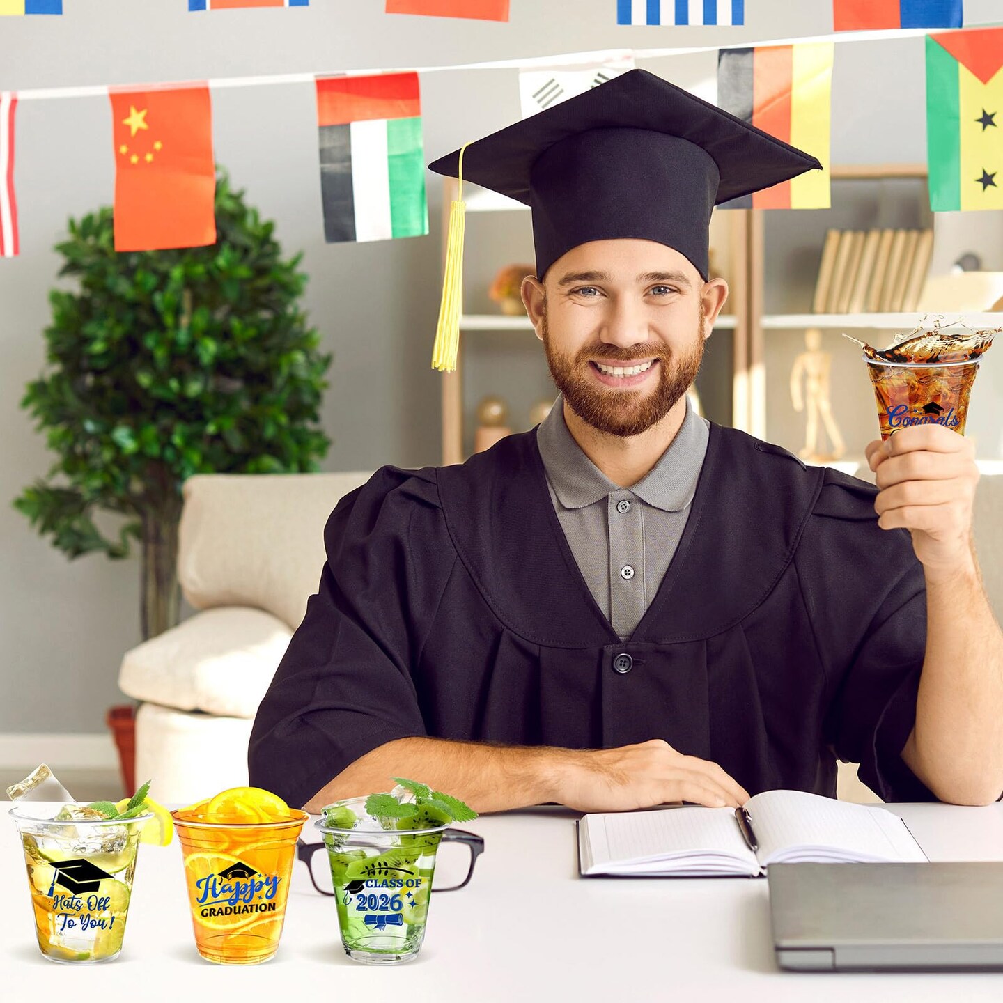 100 Pcs 12oz Graduation Cups 2026 Disposable Plastic Cups for Class of 2026 Graduation Party Congrats Grad Elegant Party Supplies Tableware Decorations (Blue)