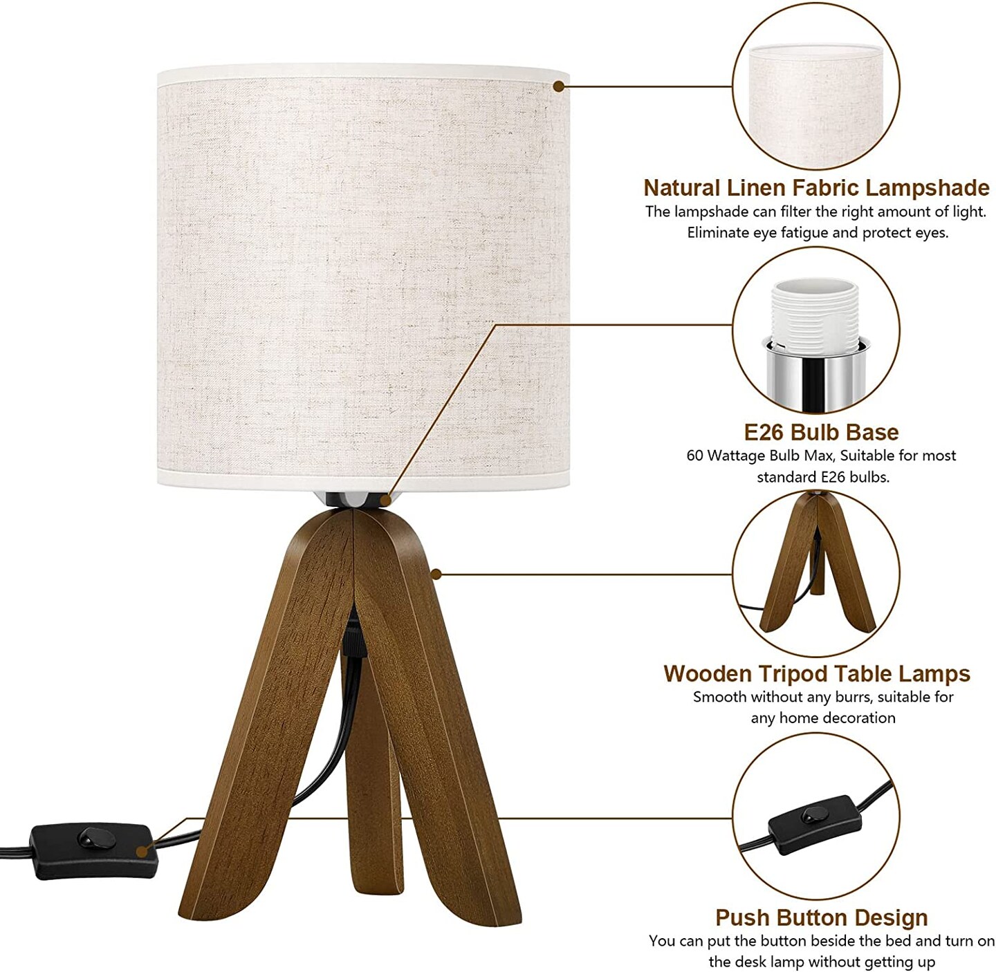 Eye-Friendly Linen Shade Tripod Lamp, Natural Wood Bedside Night Lamp With Inline Push ON/OFF Switch