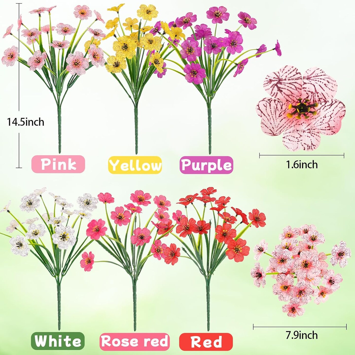 6-Pack Artificial Spring Flowers – UV-Resistant Faux Plastic Plants for Outdoor and Indoor Décor, Planters, Window Boxes, Patio, Porch, Garden, and Yard Decorations (Mixed Colors)