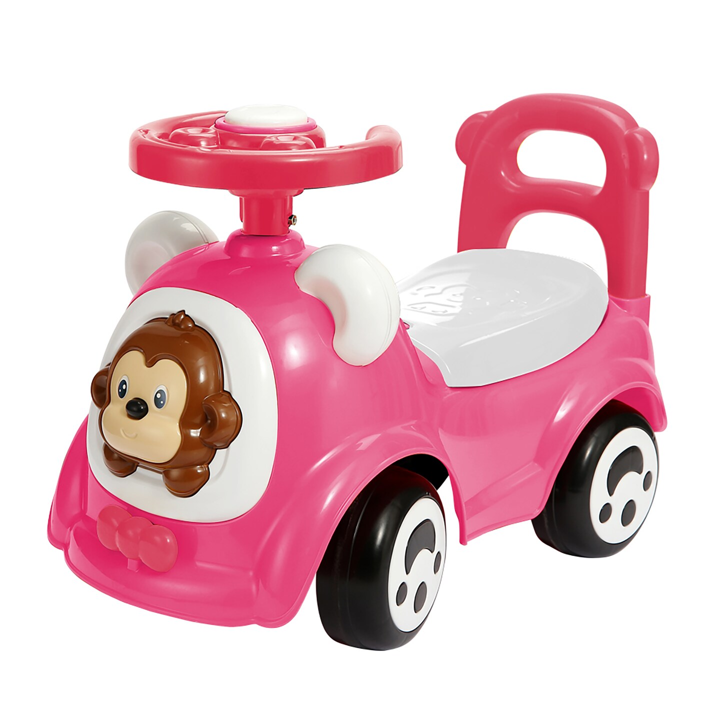 Timate: Push & Ride Racer - Pink & Monkey - Foot-To-Floor Car Ride-On, Push Handle, Air Horn, Anti-Rolling Design, Seat Storage, Toddlers Ages 1-2