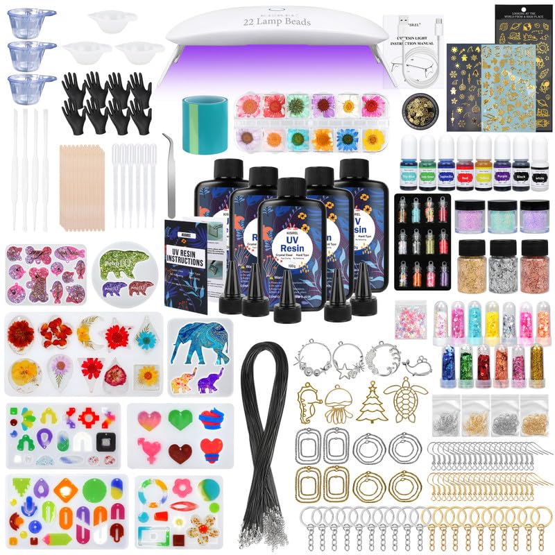 UV Resin Jewelry Making Kit - 500g Crystal Clear UV Resin, Large Light with 22 Beads and Jewelry Molds, Fast Curing for Keychains, Earring Making, DIY Craft Decorations