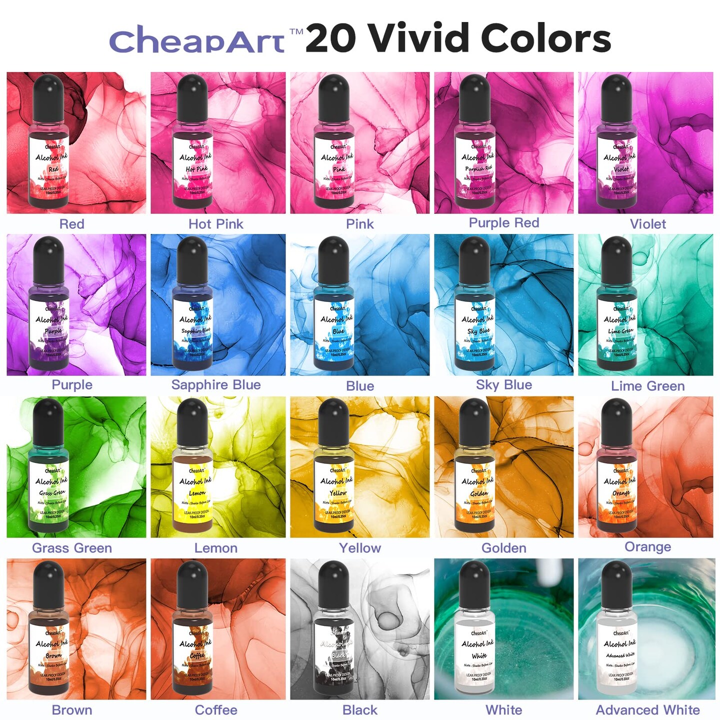 Alcohol Ink Set 24 Vibrant Colors Resin Dye High Concentrated Fast Drying Alcohol Based Epoxy Resin Pigment Resin Art Tumblers Coaster Acrylic Fluid Painting Crafts (24x10ml/0.35 fl oz)
