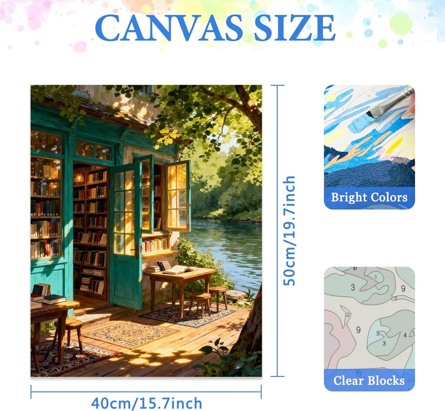 Paint By Numbers Bookstore River Scenery Kit for Adults – 16x20 Inch DIY Watercolor Acrylic Paint by Numbers Canvas Set for Beginners, Home Decor & Gift