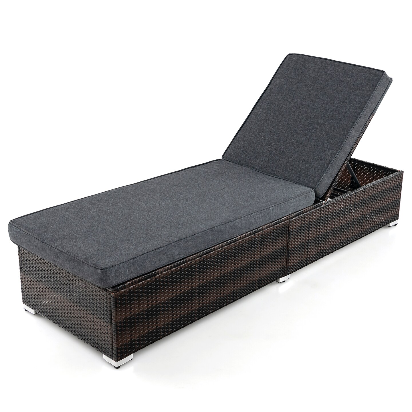 Adjustable Outdoor Lounge Chair Rattan Chaise with Thick Cushion Patio Deck Chair